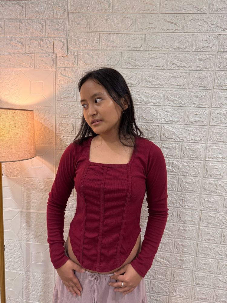 Burgundy Long Sleeve Button-Up Top