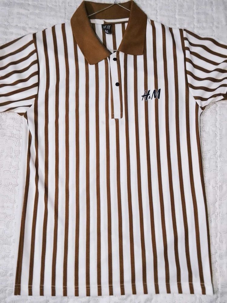 H&amp;M Brown &amp; White Striped Polo🤎