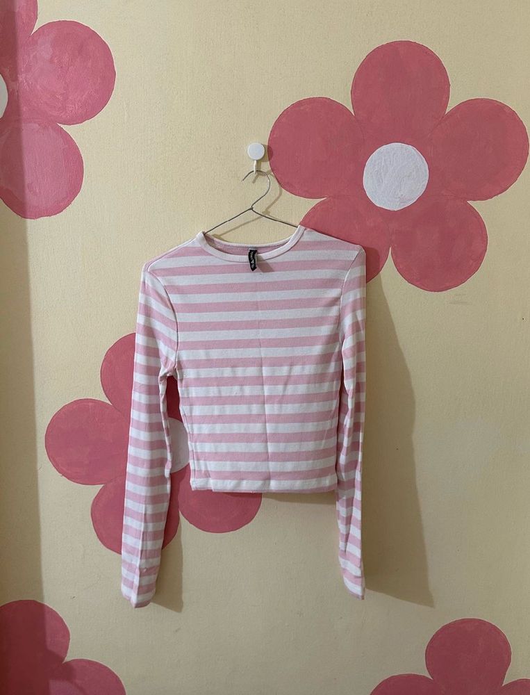Pink and White Striped Long Sleeve Top