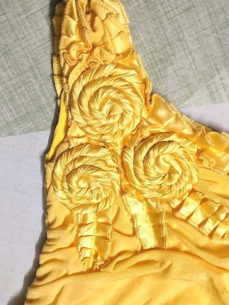 Yellow One-Shoulder Rosette Dress