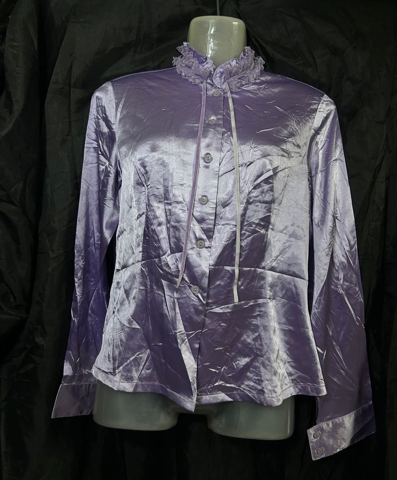 Elegant Purple Satin Ruffle Neck Blouse