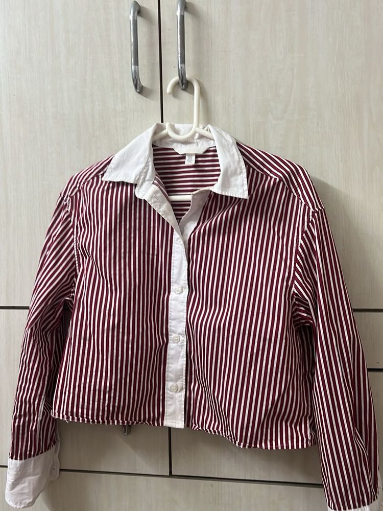 Maroon Striped Cropped Shirt
