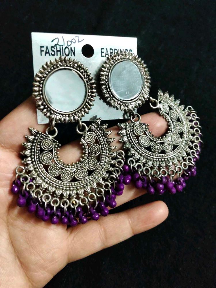 Oxidized Silver Jhumka Earrings with Purple Beads
