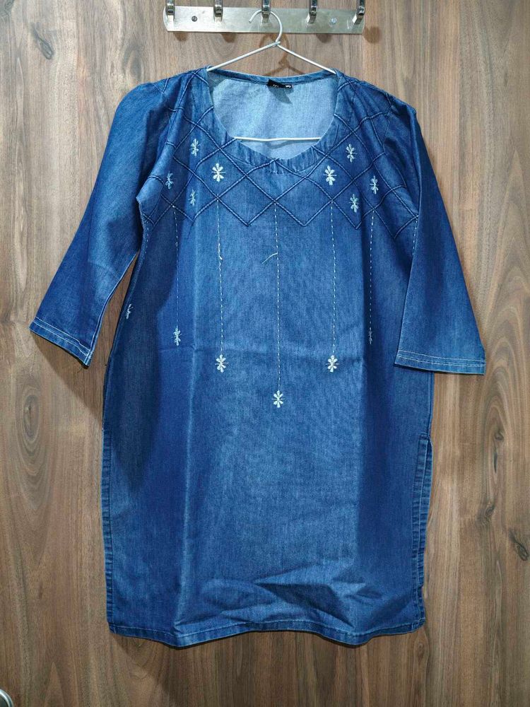 Denim Kurta with White Embroidery