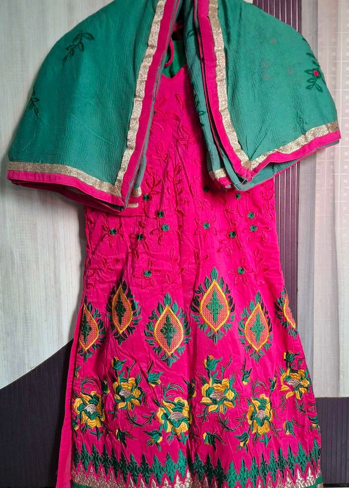 ​Rani Pink Embroidered Kurti &amp; Salwar Set
