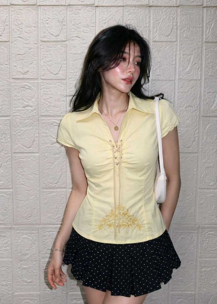 Korean Pintrest Yellow Lace-Up Embroidered Top
