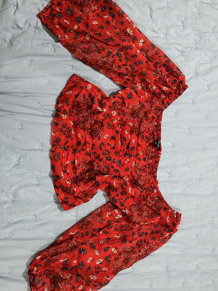 Red Floral Off-Shoulder Puff Sleeve Top