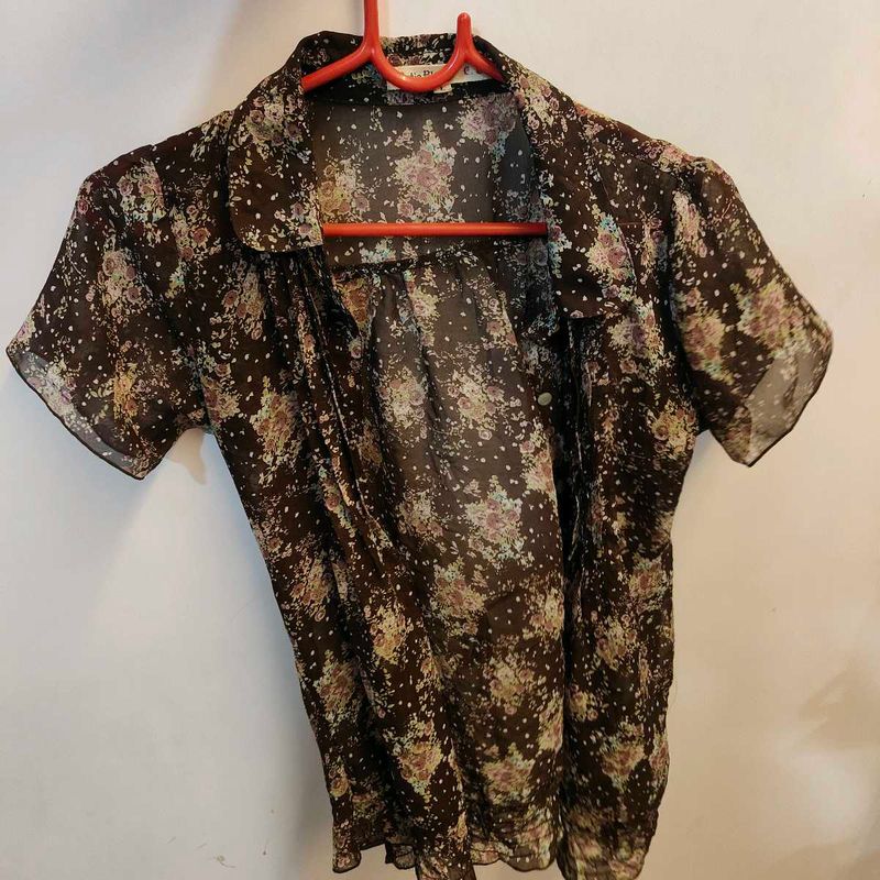 Sheer Floral Print Button-Up Top