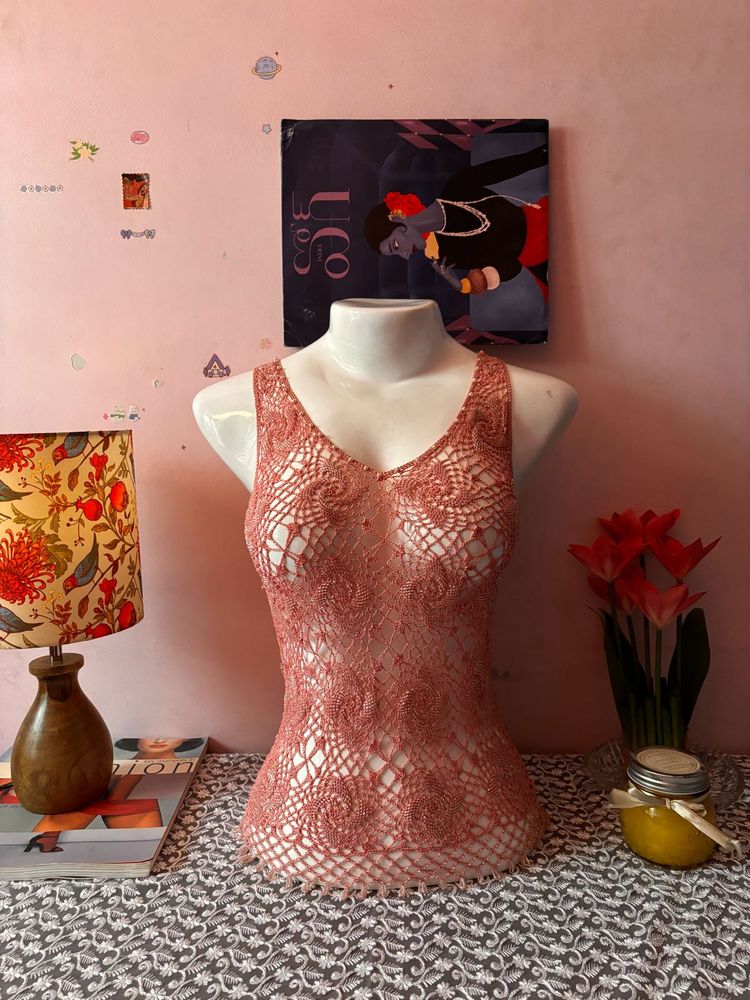 y2k beaded pink crochet tank top