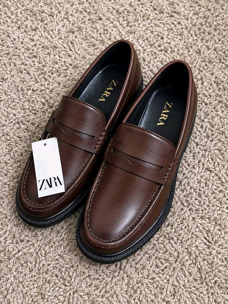 Zara Brown Leather Penny Loafers