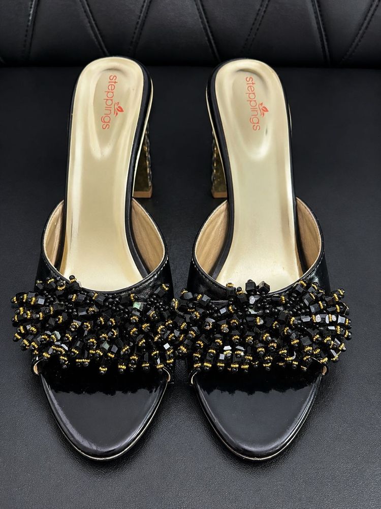 Elegant Black Beaded Heeled Mules
