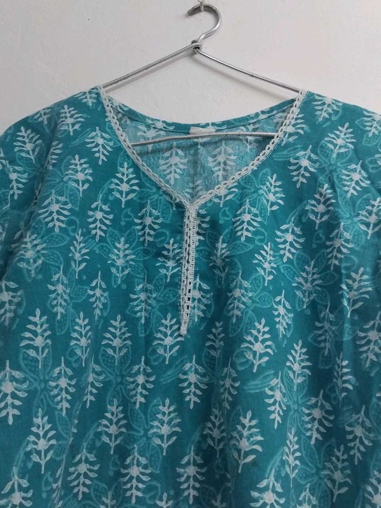 Teal Printed Cotton Kurta