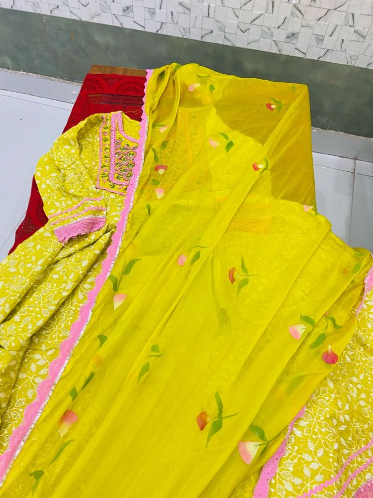 Yellow Floral Kurta Set with Dupatta