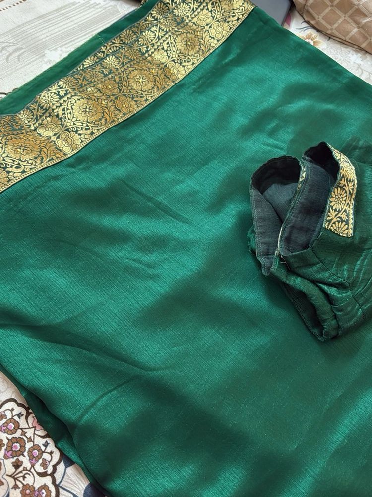 Elegant Green Silk Saree with Golden Border