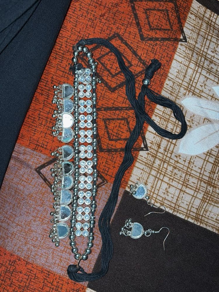 Oxidised Silver Choker with Earrings