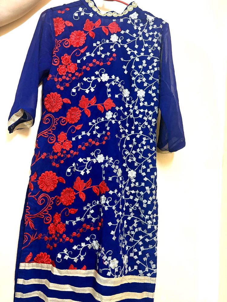 Embroidered Blue Kurta,pajama,dupatta set