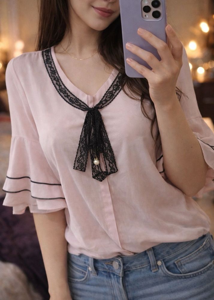 Pink Bell Sleeve Lace Trim Blouse