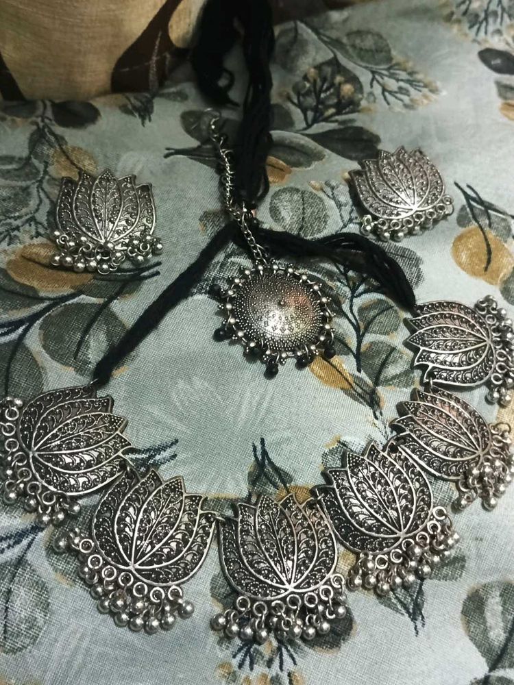 Oxidized Silver Lotus Necklace &amp; Earrings Set with