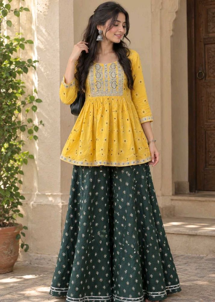 YELLOW KURTI AND GREEN PLAZZO💛