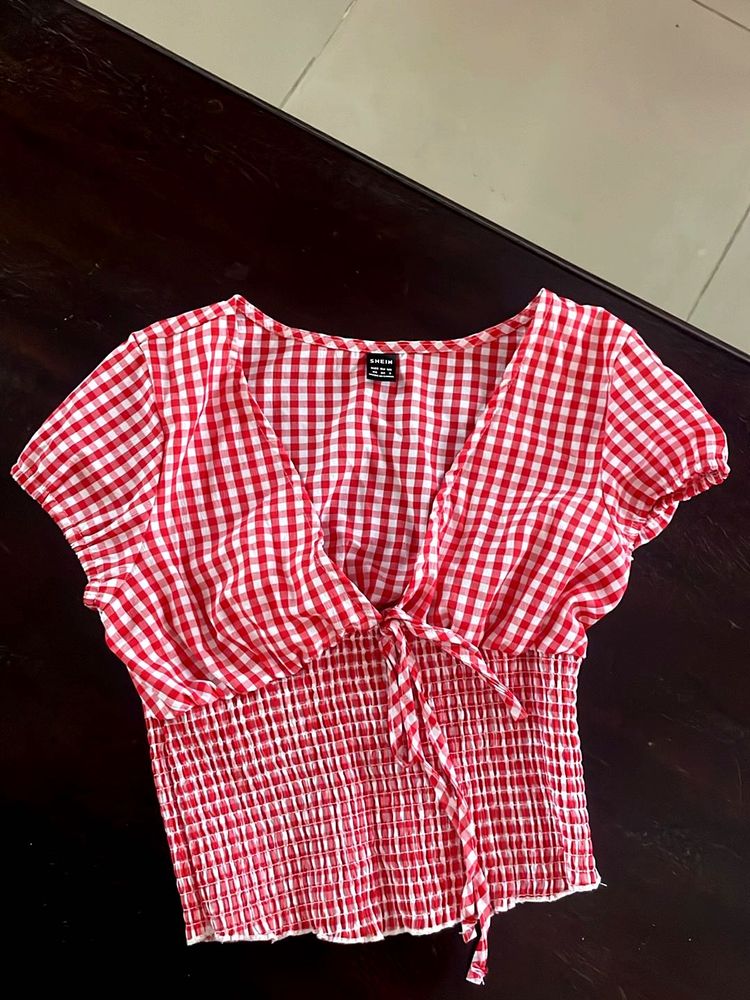 Red Gingham Tie Front Top