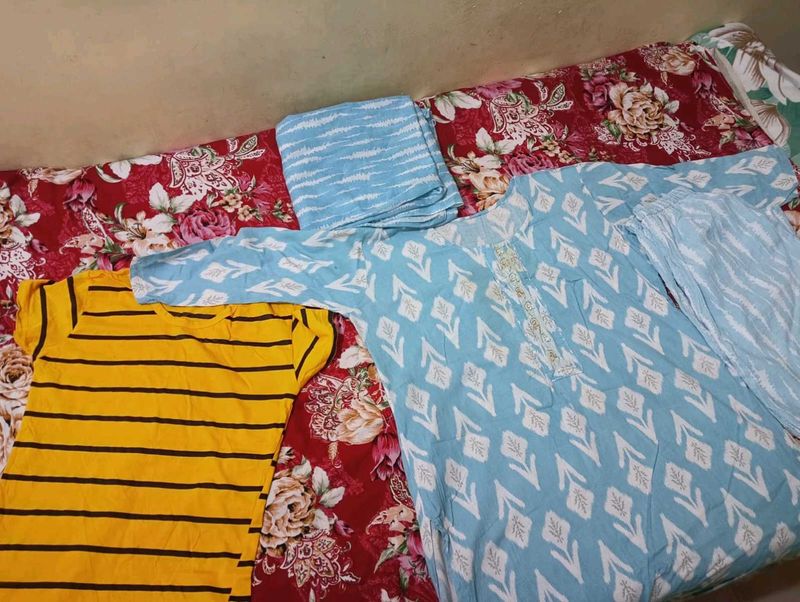 Blue &amp; White Printed Kurta Set with Yellow Top
