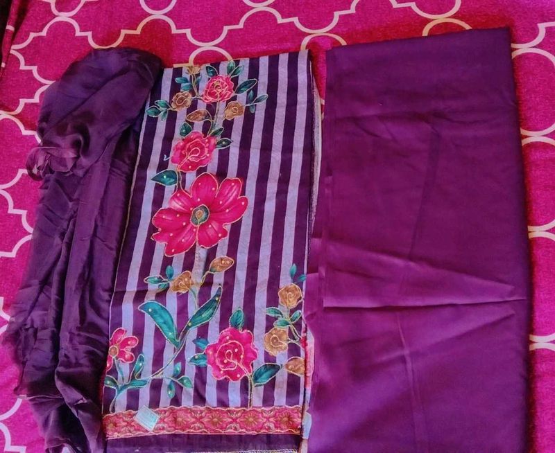 unstitched wine cotton suit with chiffon duppata