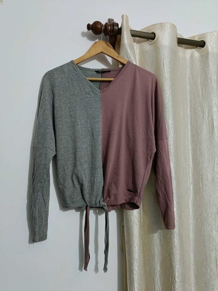 Colorblock Tie-Front Long Sleeve Top
