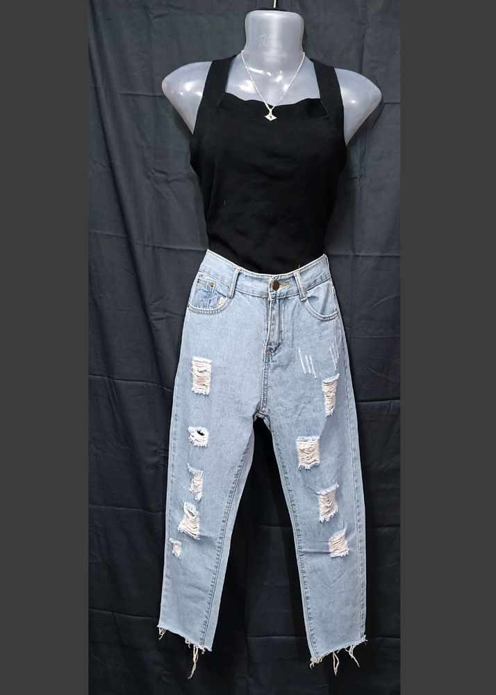 Ripped Light Wash Raw Hem Mom Jeans