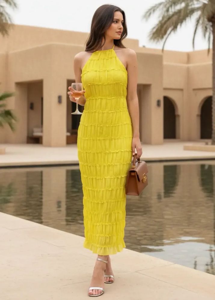 Newme Stunning Yellow Ruched Halter Neck Midi Dres