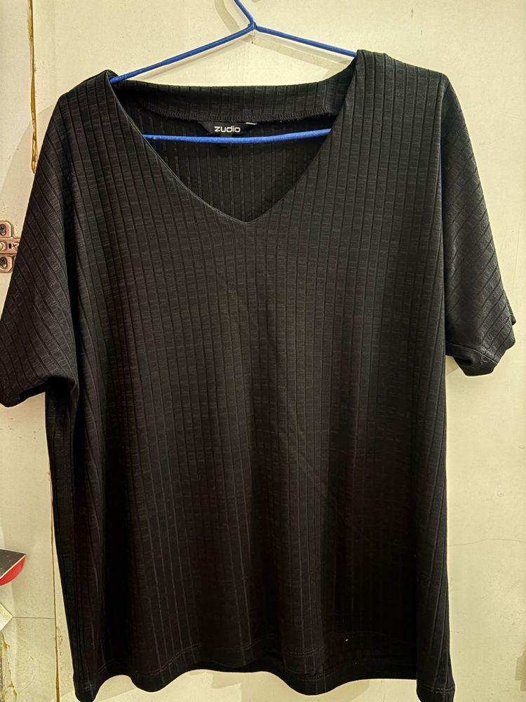 Zudio Black Ribbed V-Neck Top