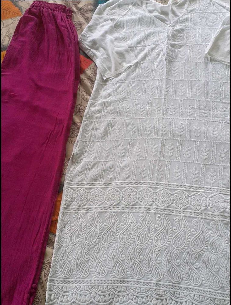 White Chikankari Kurta with Magenta Pant