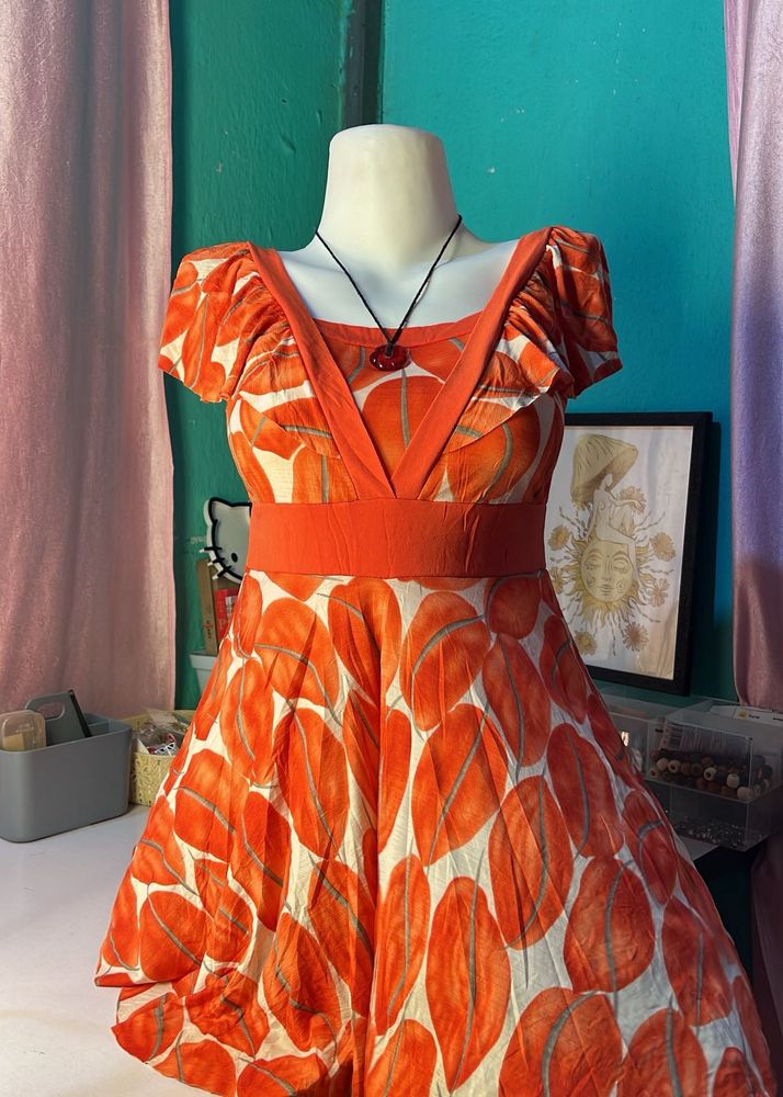 Vibrant Orange Leaf Print Dress