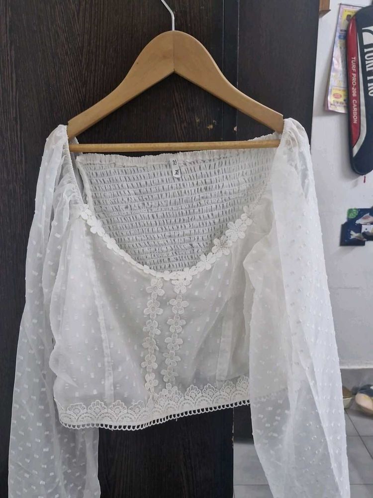 White Sheer Lace Trim Puff Sleeve Top