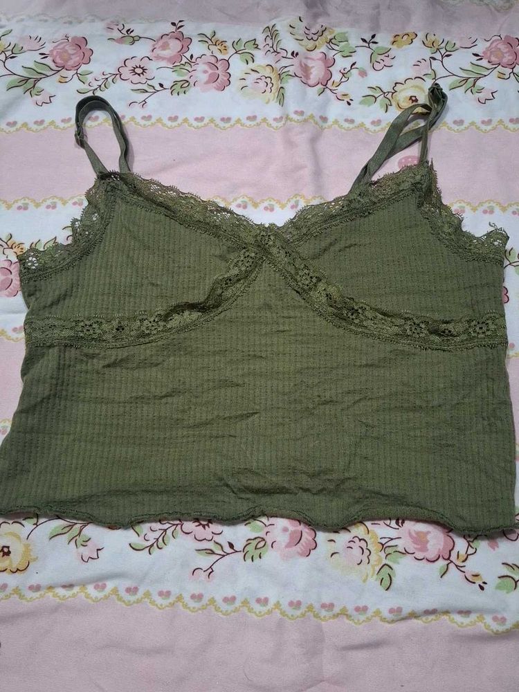 y2k Olive Green Lace Trim Cami Top