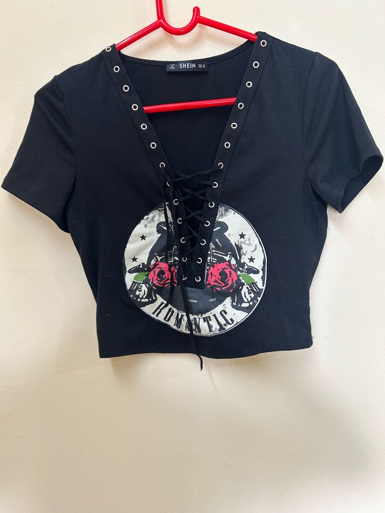 Shein Romantic Graphic Lace-Up Tee