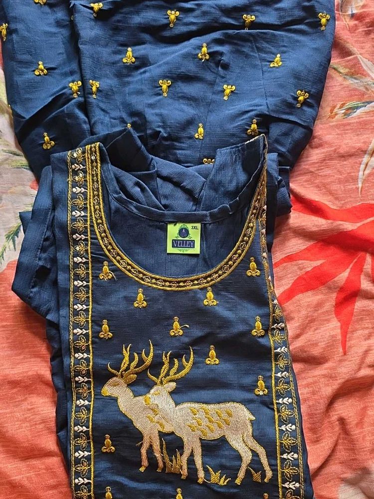 Elegant Navy Blue Kurta Set with Deer Embroidery