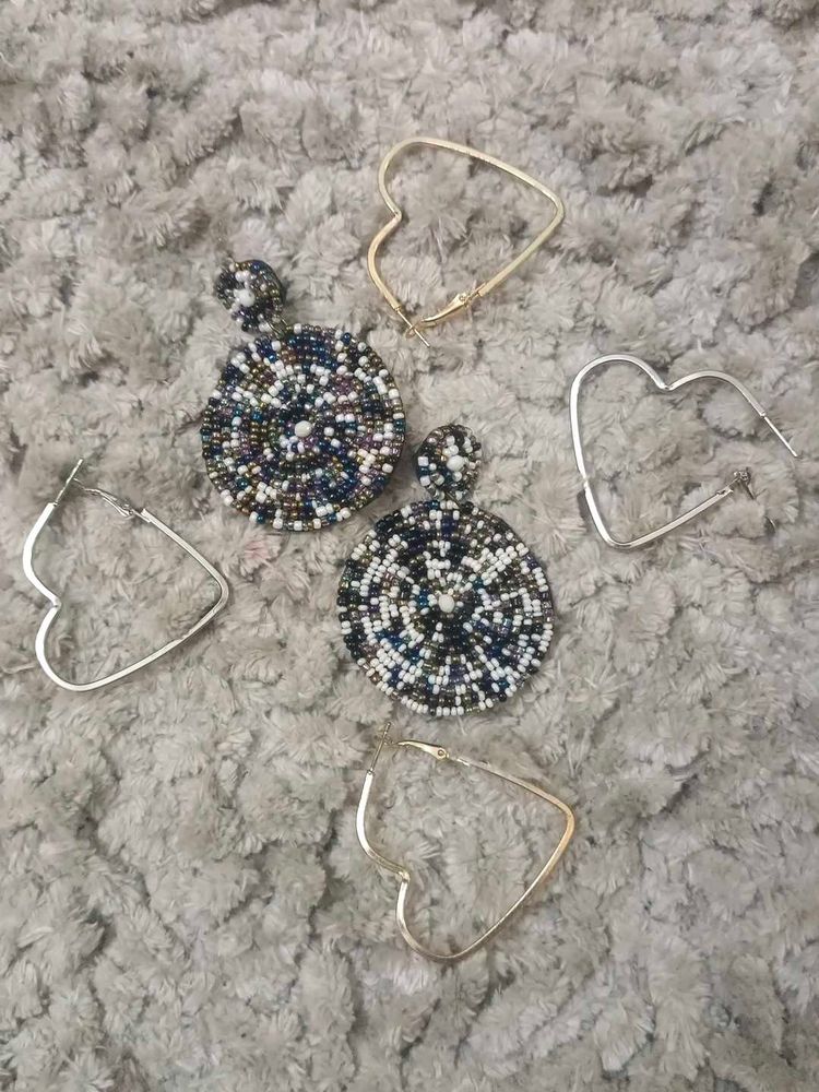 Beaded Circular Earrings and Two heart earring