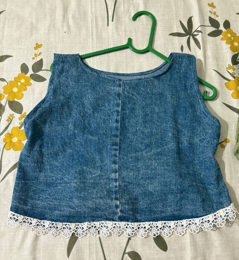 Denim Sleeveless Top with Lace Trim