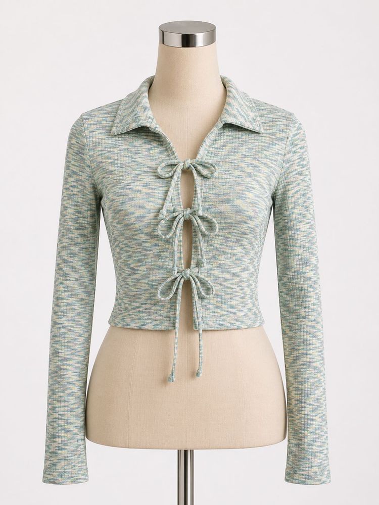 Ribbed Tie-Front Collared Crop Top
