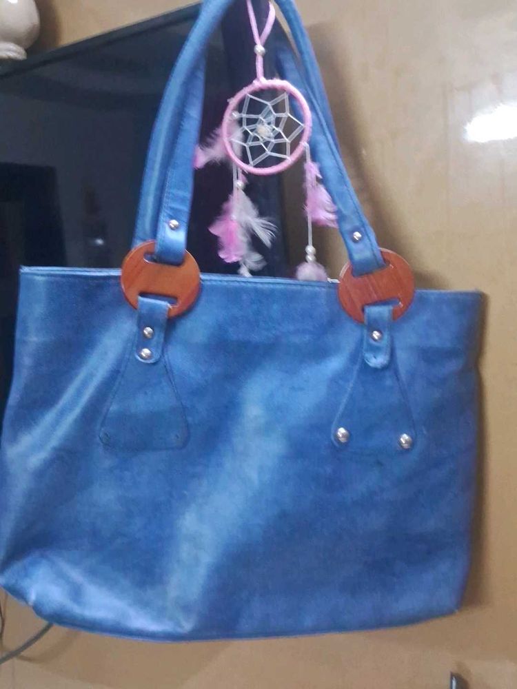 Stylish Blue Tote Bag with Wooden Accents