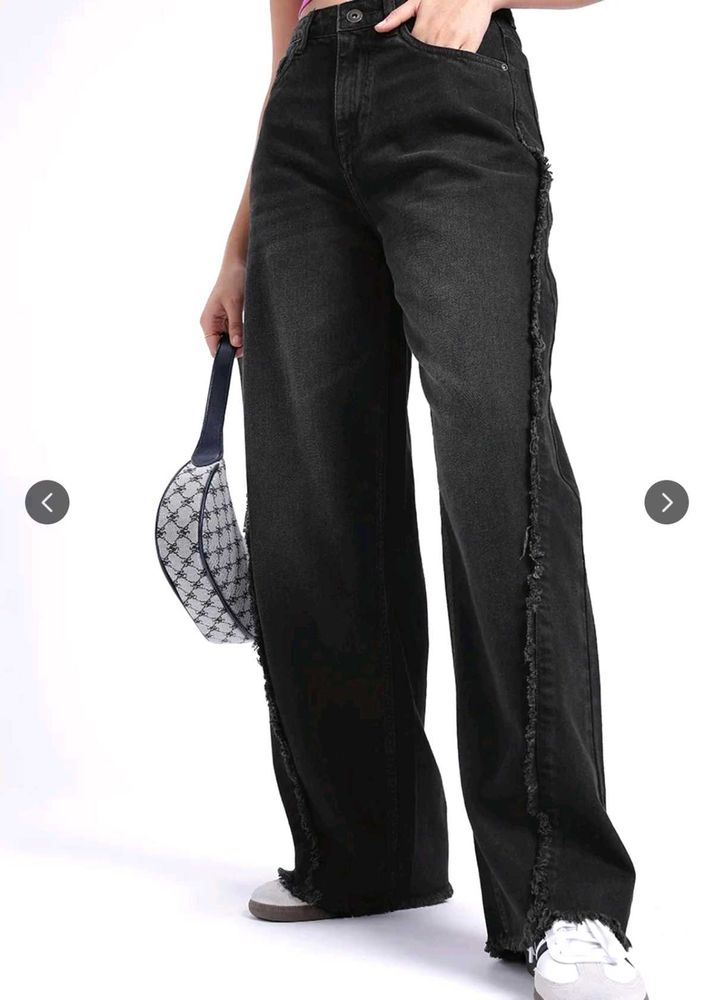 Black Wide Leg Jeans with Frayed Hem