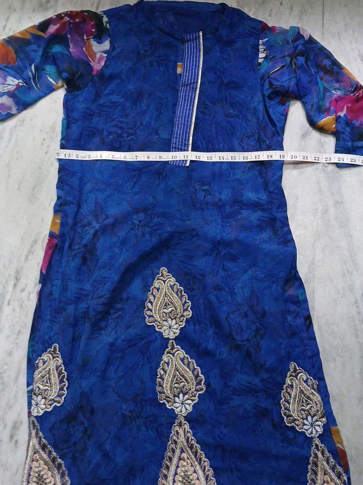 Blue Kurta with Floral Sleeves