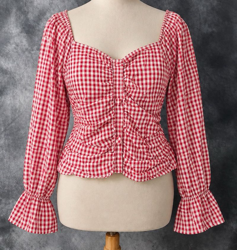 Red Gingham Ruched Button-Up Top