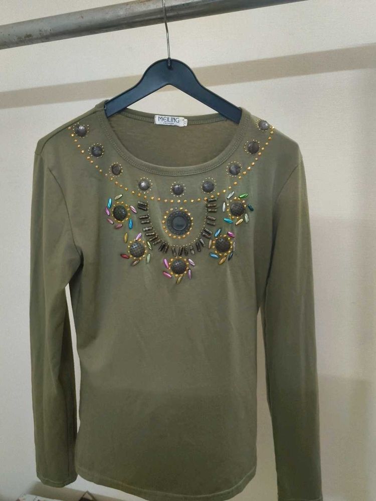 Green Embellished Long Sleeve Top