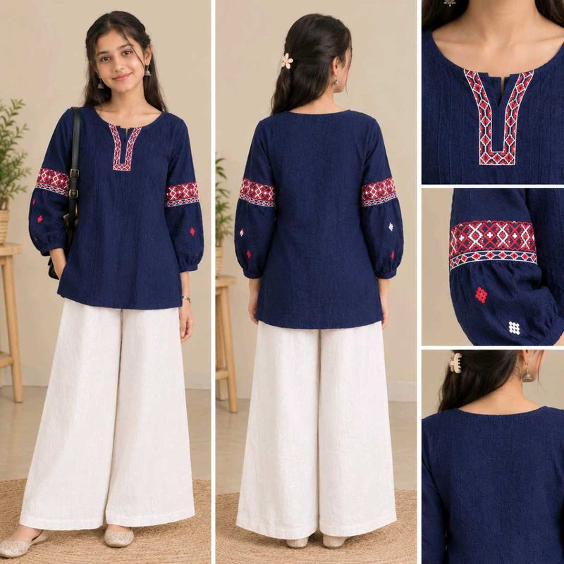 Embroidered Blue Cotton Kurta