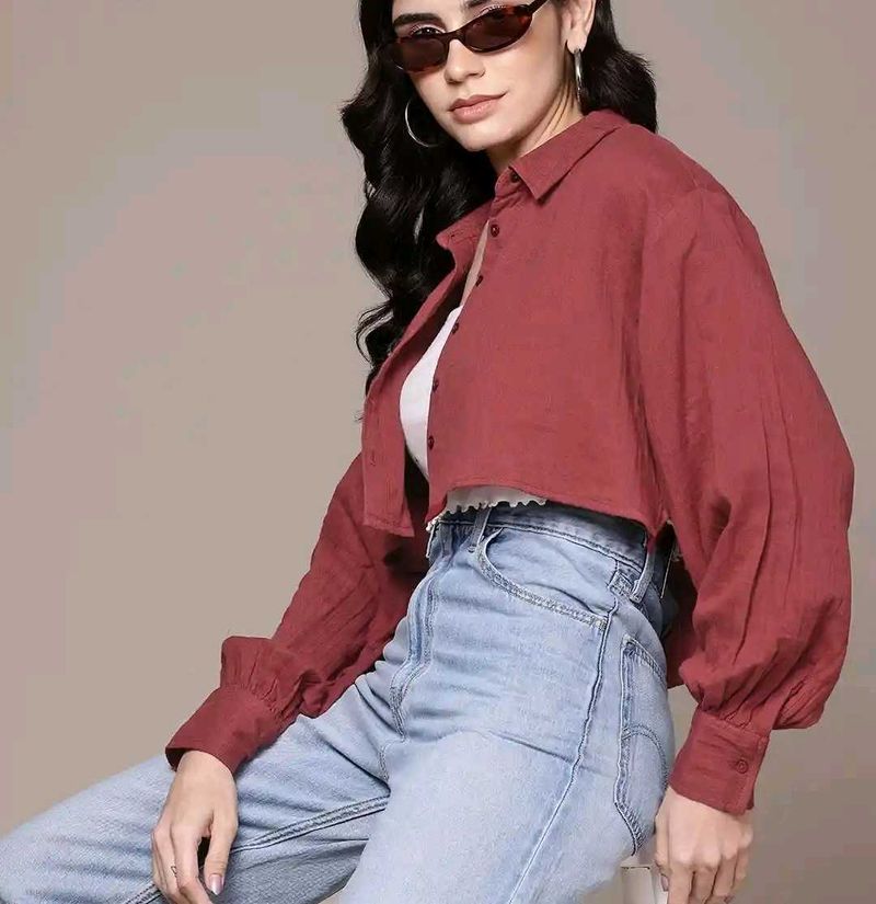 Maroon Cropped Button-Up Shirt