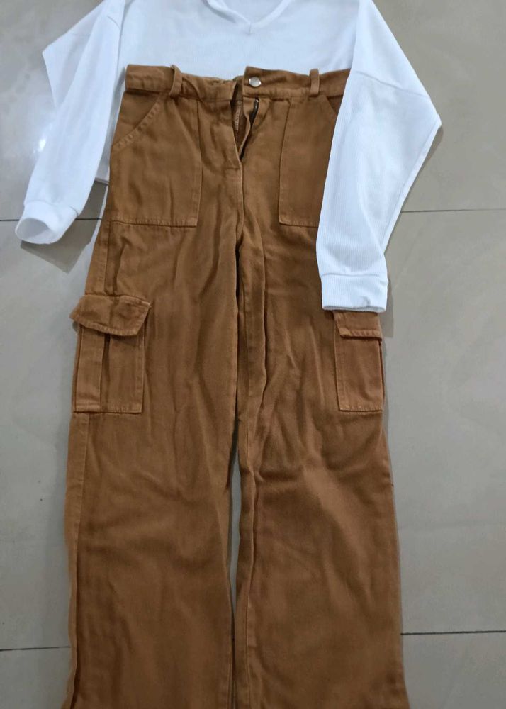 Stylish Brown Cargo Pants &amp; White Top Set