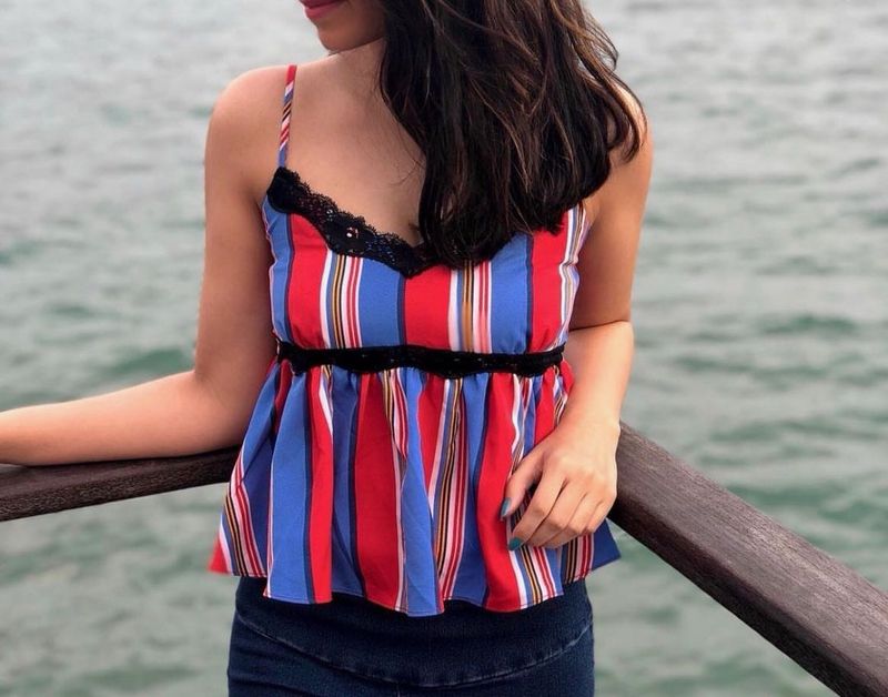 Striped Cami Top with Black Lace Trim