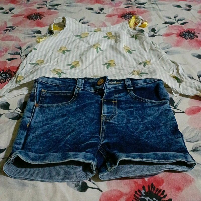 girls denim shorts and top set