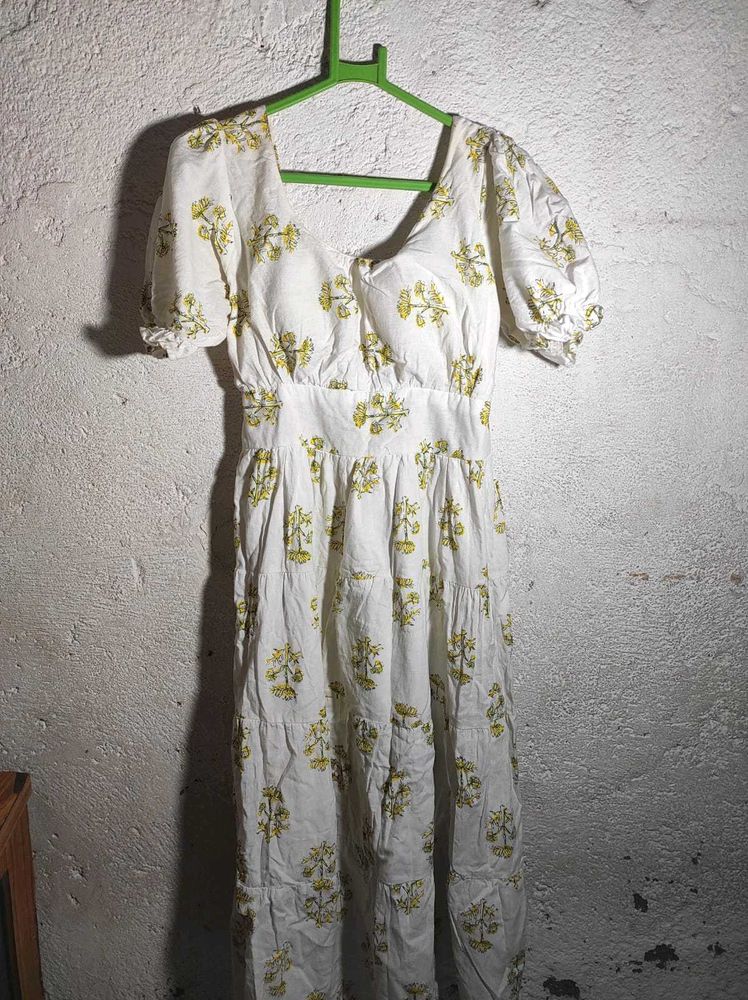 White Floral Puff Sleeve Midi Dress